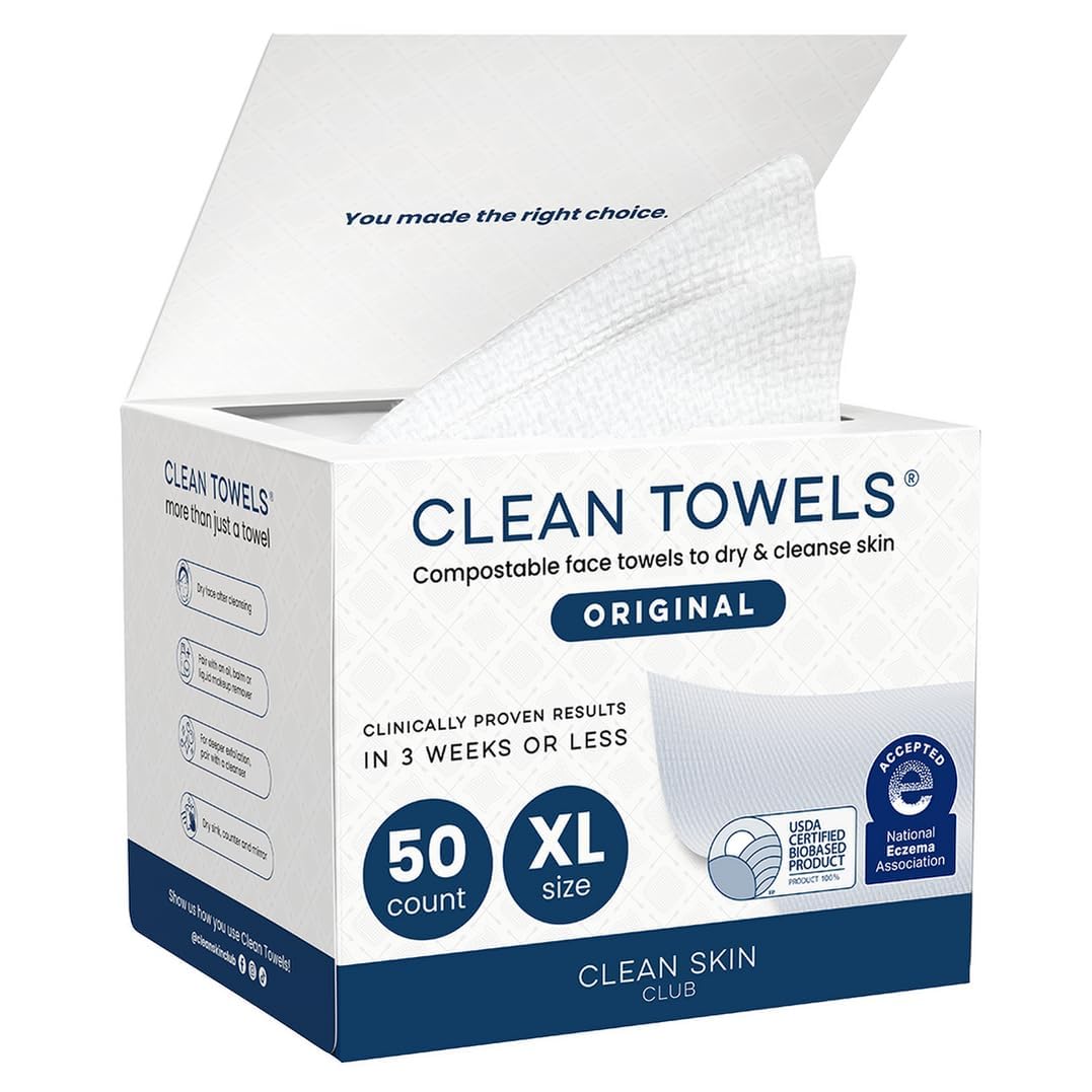Clean Skin Club Clean Towels XL®, 100% USDA Biobased Face Towel, Disposable Face Towelette, Eczema Association Accepted, Makeup Remover Dry Wipes, Ultra Soft, 50 ct per pack, 4 Packs, 200 Ct Total