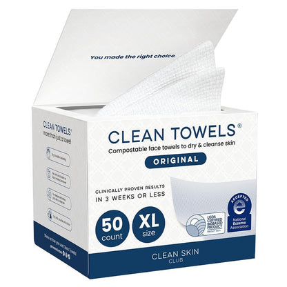 Clean Skin Club Clean Towels XL®, 100% USDA Biobased Face Towel, Disposable Face Towelette, Eczema Association Accepted, Makeup Remover Dry Wipes, Ultra Soft, 50 ct per pack, 4 Packs, 200 Ct Total