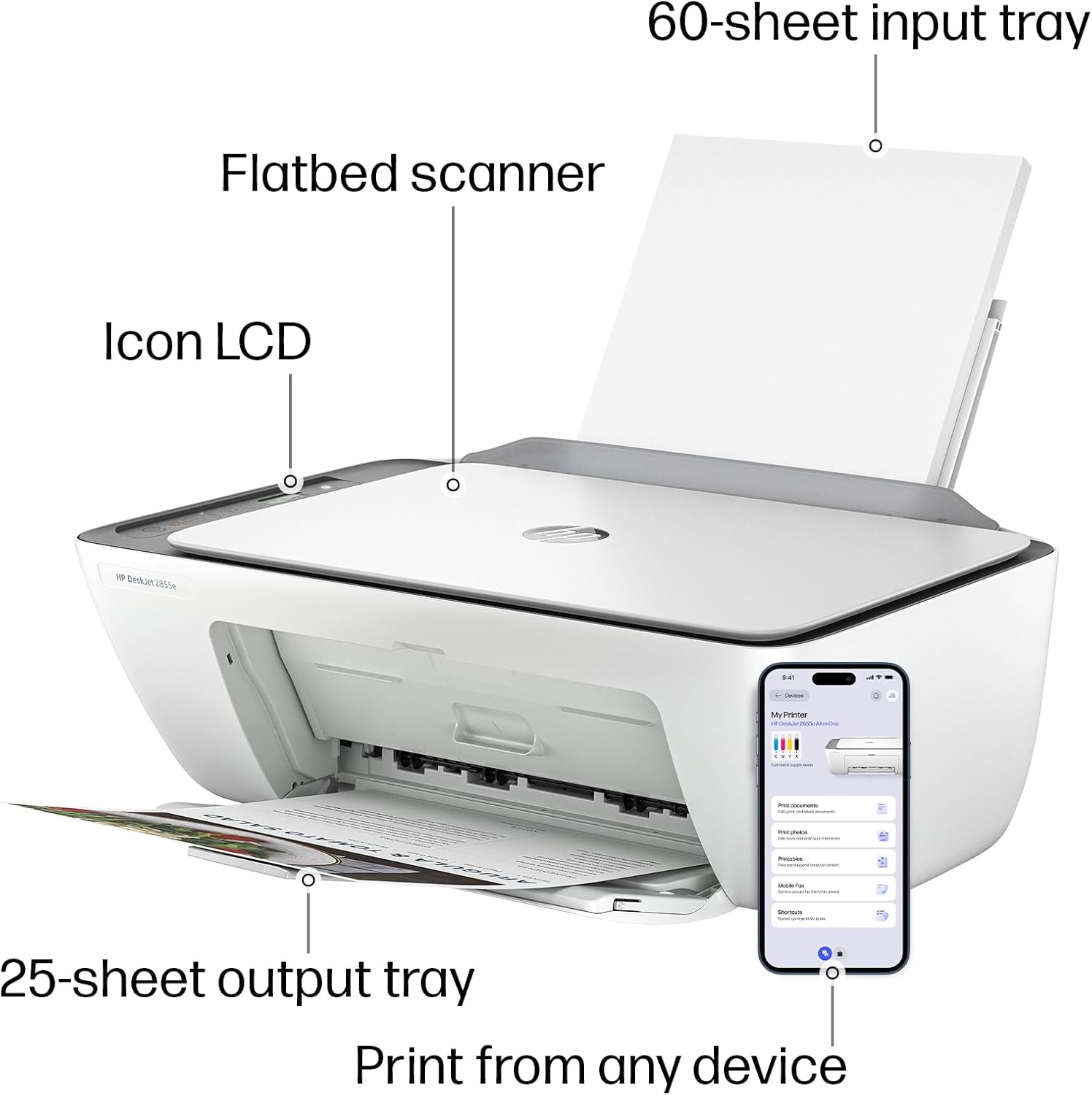HP DeskJet 2855e Wireless All-in-One Color Inkjet Printer, Scanner, Copier, Best-for-home, 3 month Instant Ink trial included. This printer is only 2.4 ghz capable. (588S5A)