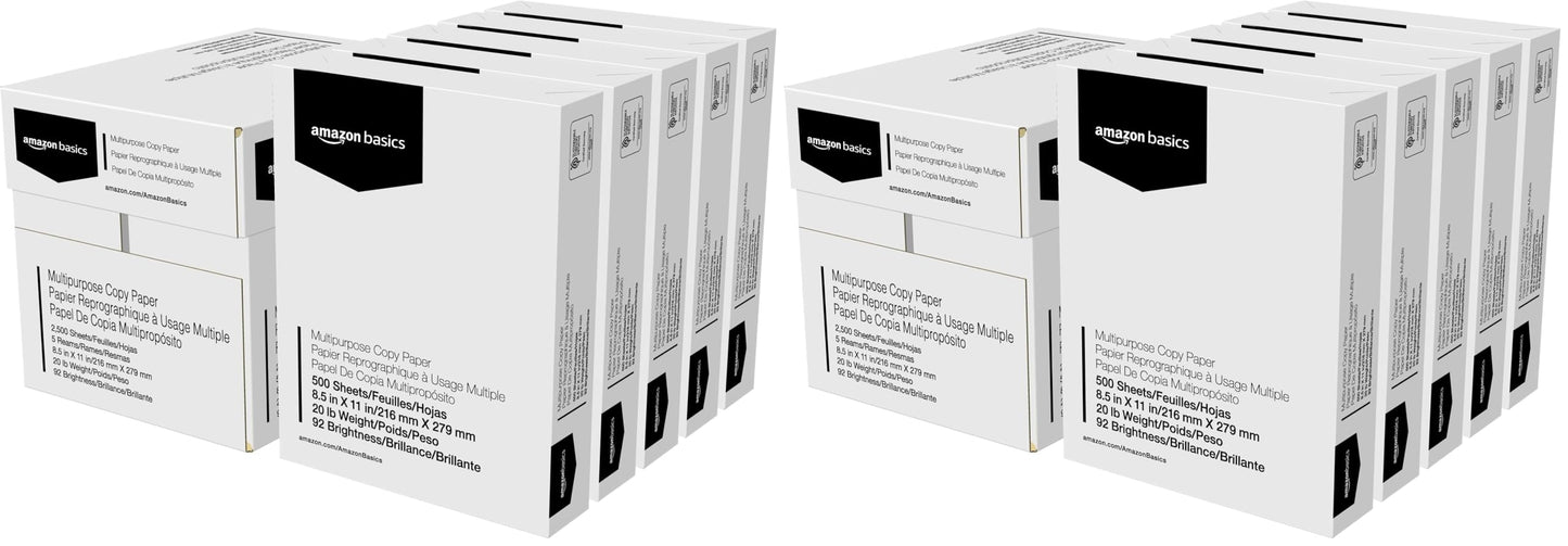 Amazon Basics Multipurpose Copy Printer Paper, 20 lb, 8.5 x 11 Inches, 10 Reams (5,000 Sheets), 92 Bright White