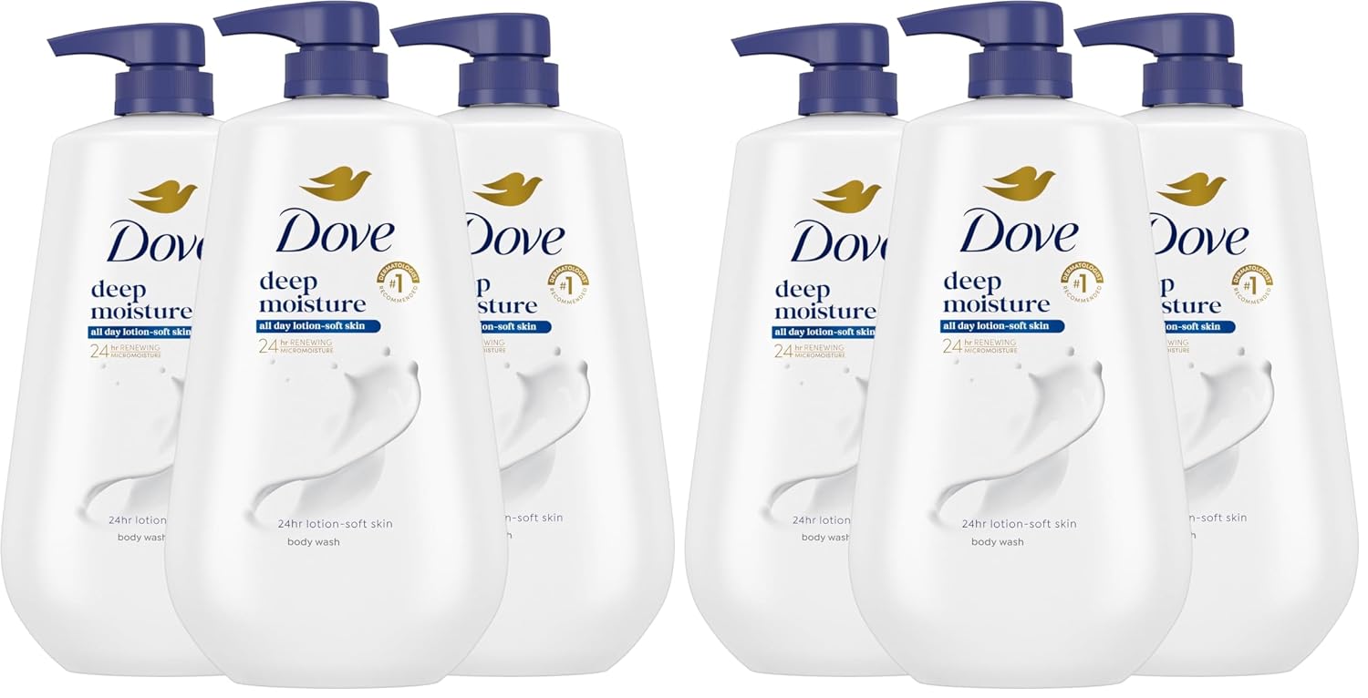 Dove Body Wash with Pump Deep Moisture for 24hr Lotion-Soft Skin Moisture Moisturizing Skin Cleanser with No Sulfates No Parabens,(Pack of 6)