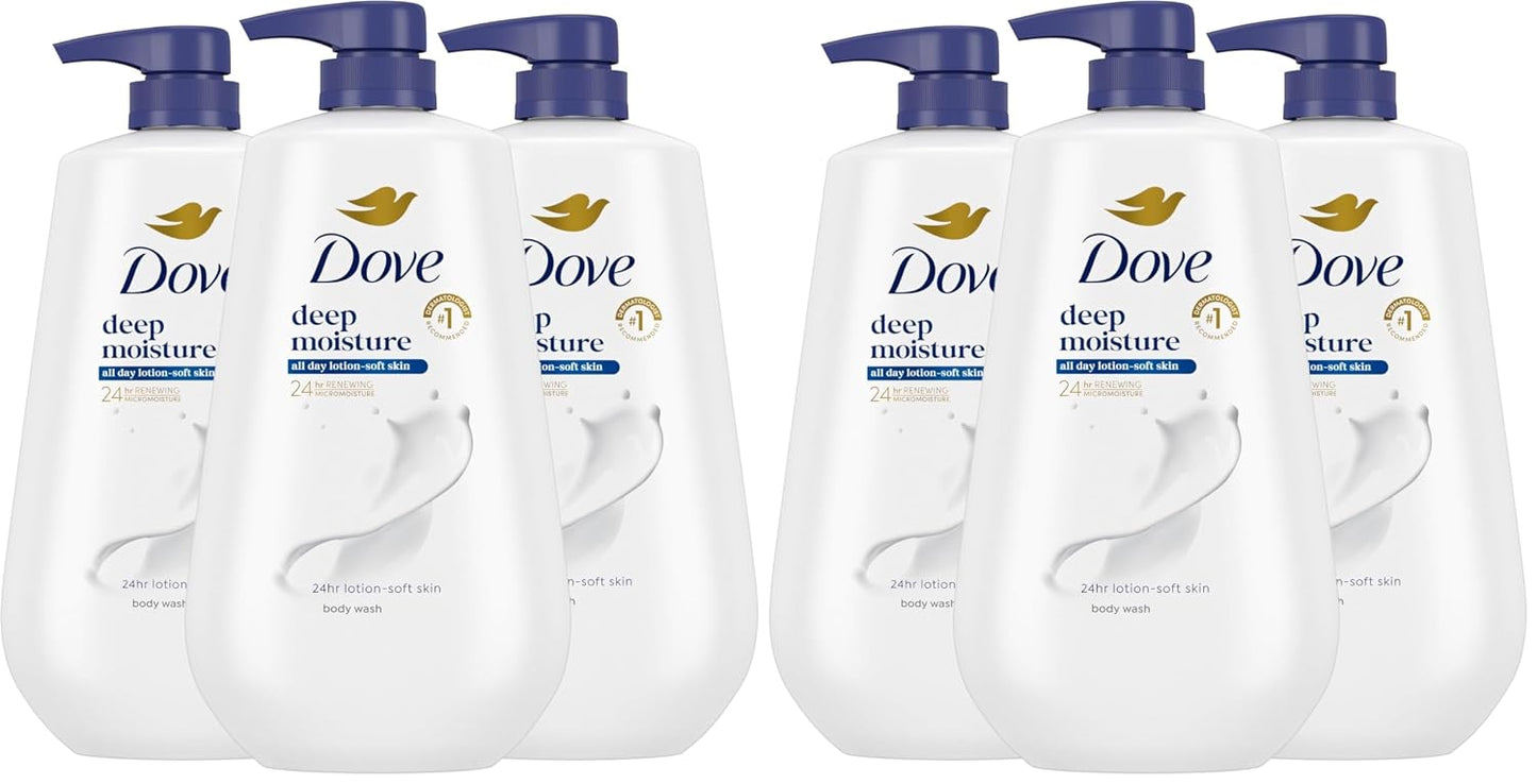 Dove Body Wash with Pump Deep Moisture for 24hr Lotion-Soft Skin Moisture Moisturizing Skin Cleanser with No Sulfates No Parabens,(Pack of 6)