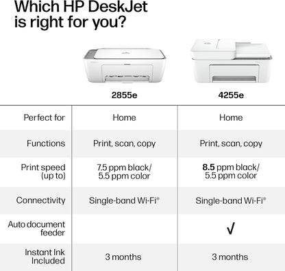 HP DeskJet 2855e Wireless All-in-One Color Inkjet Printer, Scanner, Copier, Best-for-home, 3 month Instant Ink trial included. This printer is only 2.4 ghz capable. (588S5A)