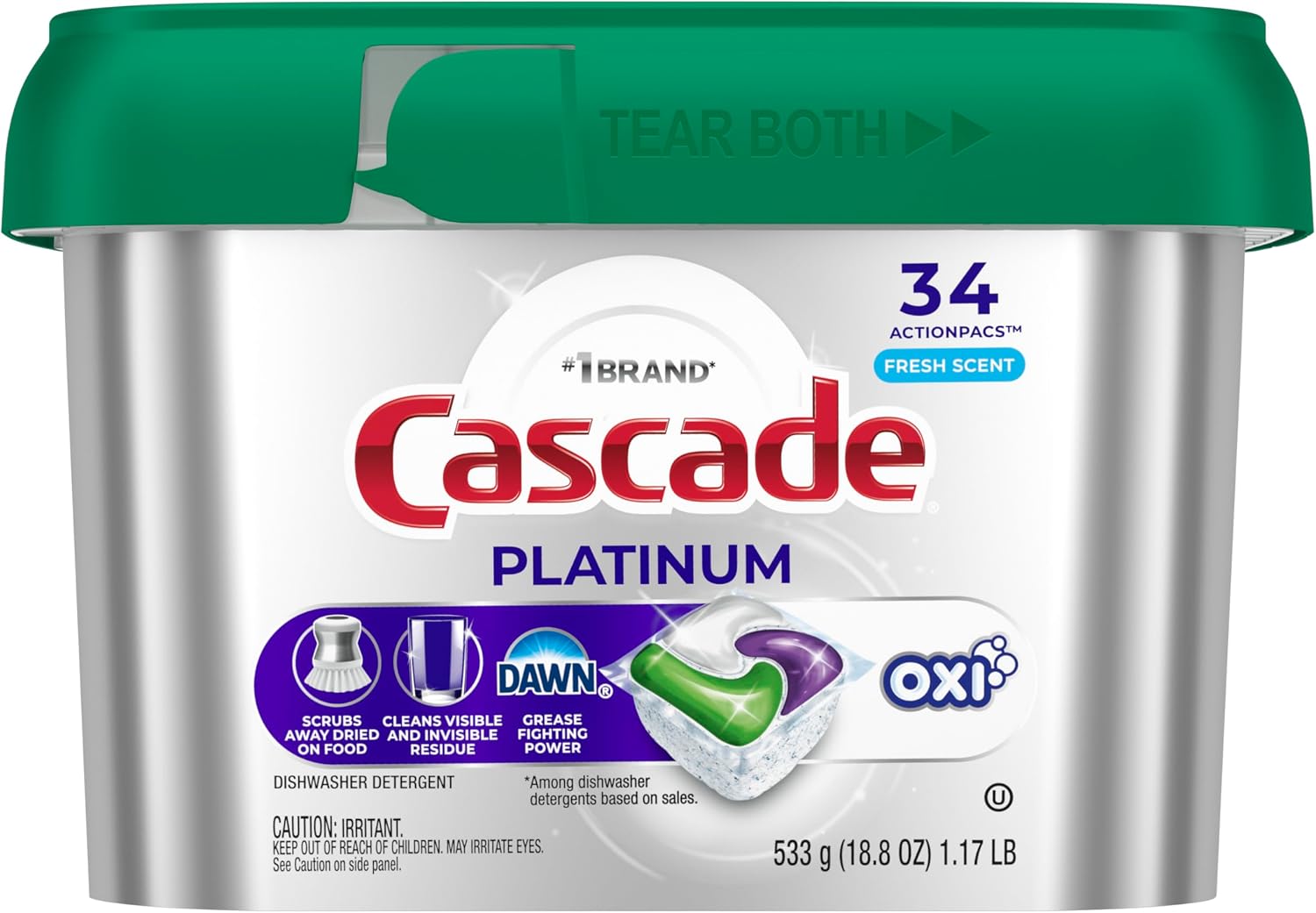 Cascade Platinum Dishwasher Pods, Dishwasher Detergent, Dish Detergent Soap, Fresh, 34 count (Pack of 6)