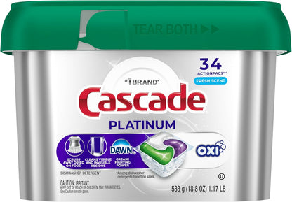 Cascade Platinum Dishwasher Pods, Dishwasher Detergent, Dish Detergent Soap, Fresh, 34 count (Pack of 6)
