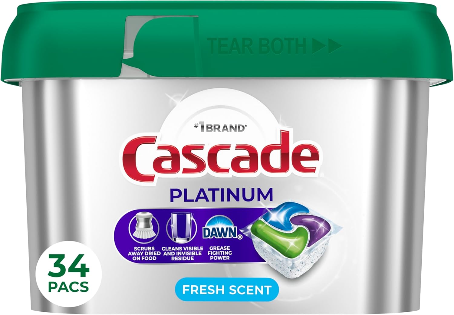 Cascade Platinum Dishwasher Pods, Dishwasher Detergent, Dish Detergent Soap, Fresh, 34 count (Pack of 6)