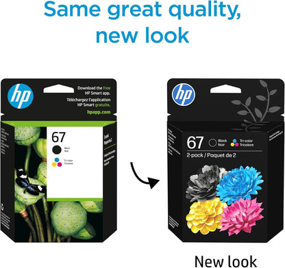 HP 67 Black/Tri-Color Ink Cartridges (2-Pack) | Works with DeskJet 1255, 2700, 4100, Envy 6000, 6400 | Instant Ink Eligible | 3YP29AN | Packaging May Vary