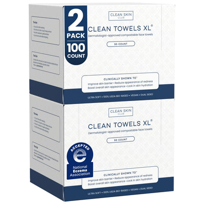Clean Skin Club Clean Towels XL®, 100% USDA Biobased Face Towel, Disposable Face Towelette, Eczema Association Accepted, Makeup Remover Dry Wipes, Ultra Soft, 50 ct per pack, 4 Packs, 200 Ct Total