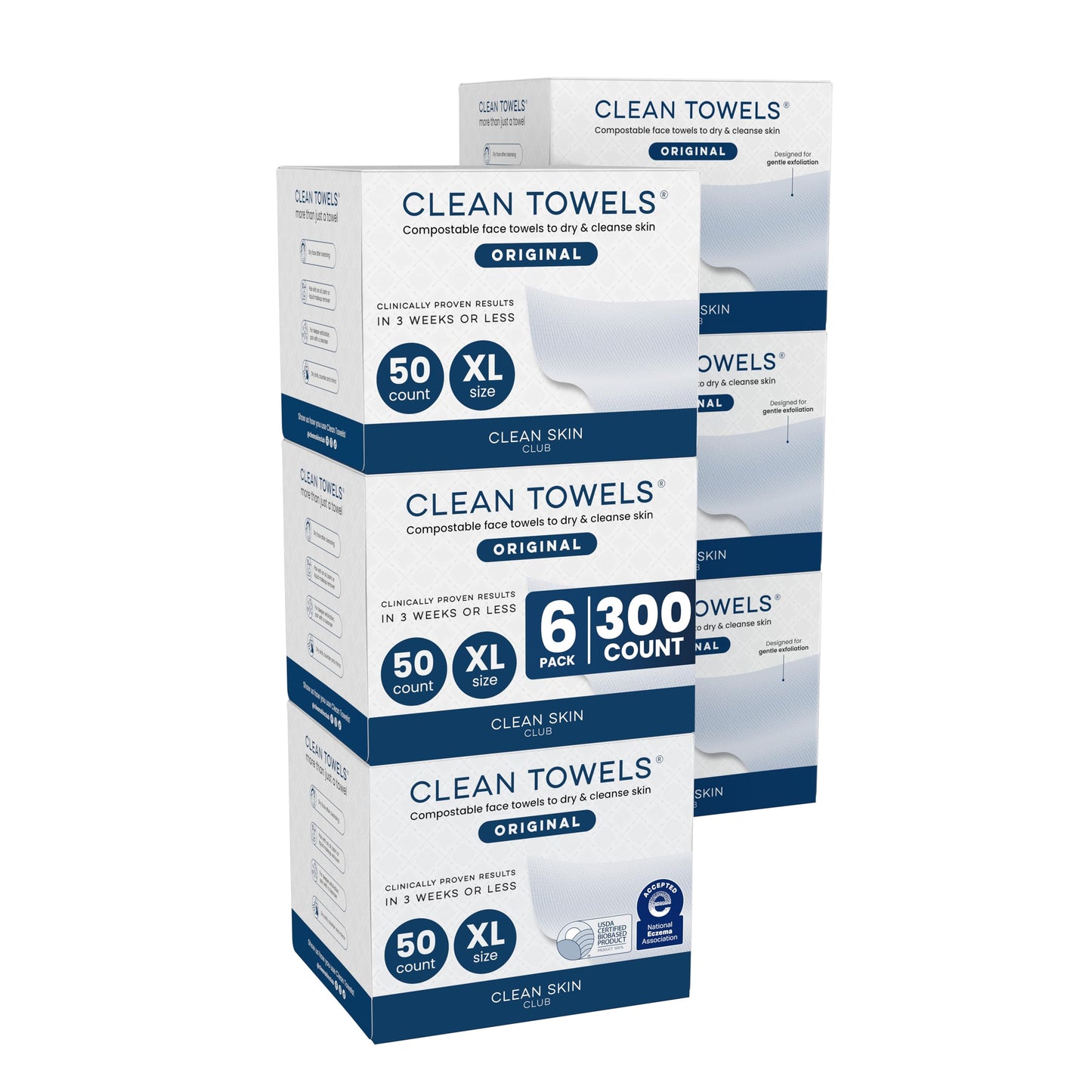 Clean Skin Club Clean Towels XL®, 100% USDA Biobased Face Towel, Disposable Face Towelette, Eczema Association Accepted, Makeup Remover Dry Wipes, Ultra Soft, 50 ct per pack, 4 Packs, 200 Ct Total